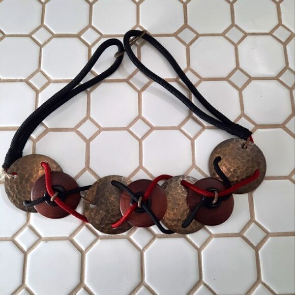 Hammered Brass and Wooden Belt - Picture 2 of 7